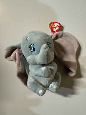 Ty Dumbo Plush Elephant - Light Gray with Pink Ears 6in